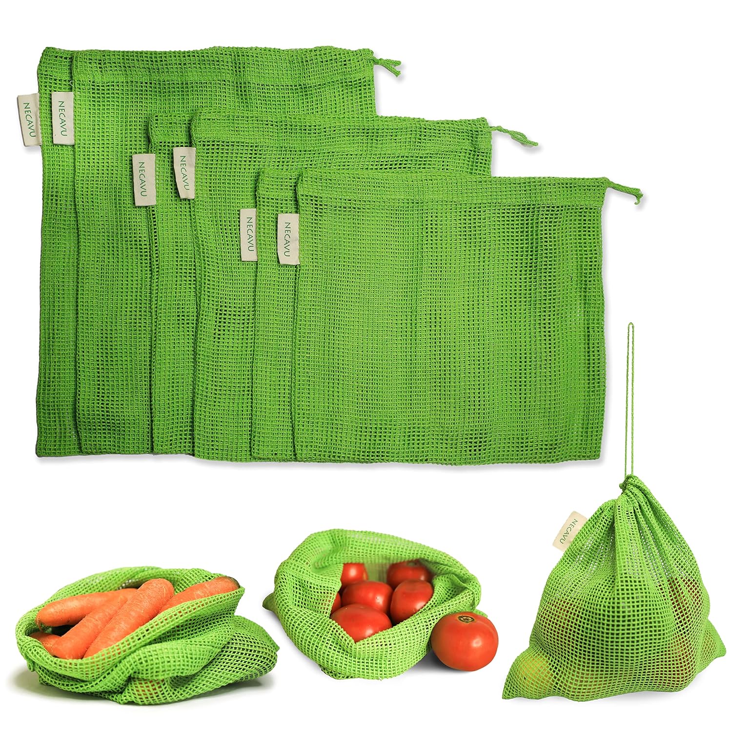 NECAVU Cotton Mesh Fridge Bags Set of 6 – Reusable Vegetable Storage Bags for Refrigerator
