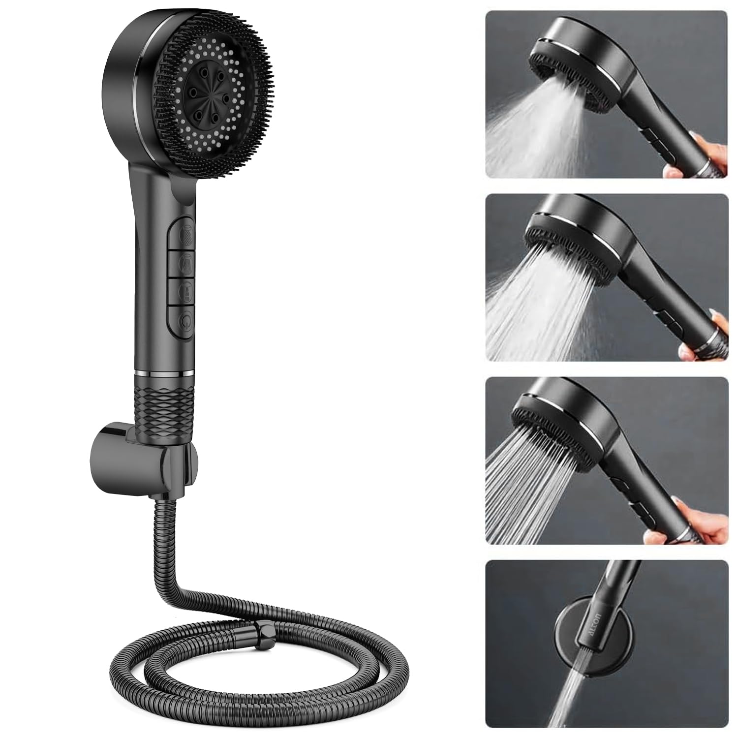 ALTON 4-Function Hand Shower with Silicone Brush – High Pressure Shower Head with 1.5m Hose & Wall Hook (Black)