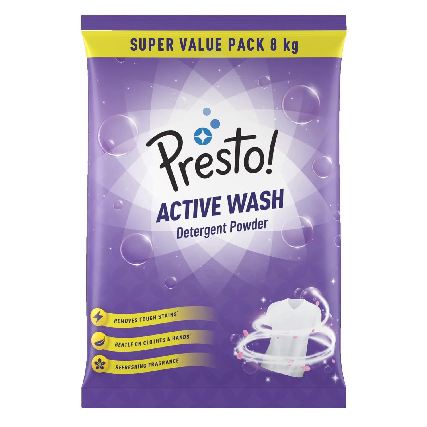 Presto! Active Wash Detergent Powder 8Kg – Tough on Stains, Gentle on Fabrics for Machine & Hand Wash