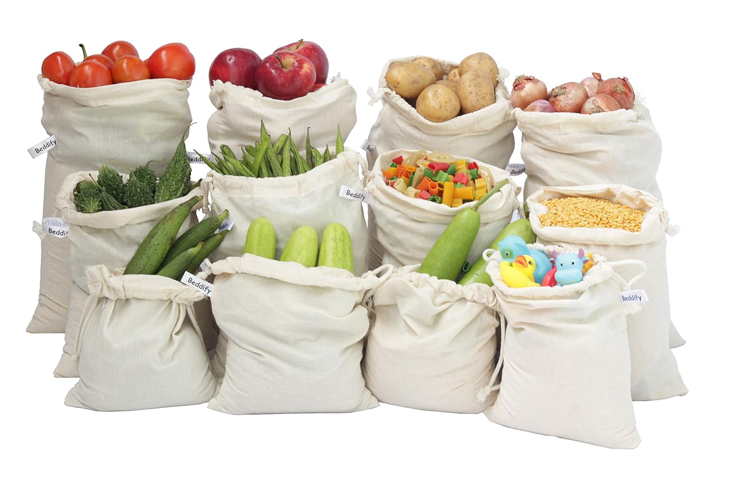 Beddify Reusable Cotton Fridge Storage Bags Set – Eco-Friendly Vegetable & Fruit Bags with Drawstring (Pack of 12)