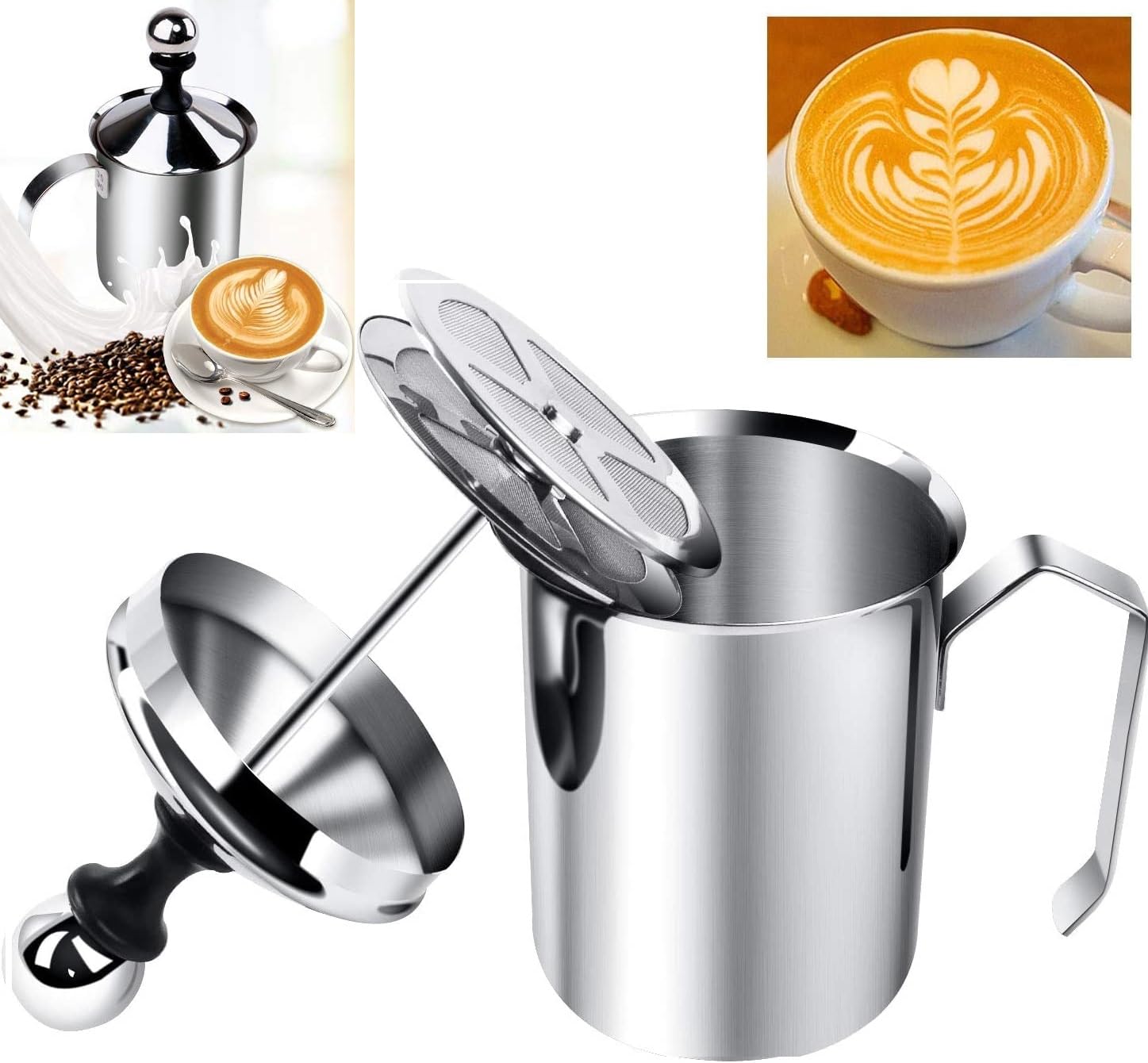 Finaxo Stainless Steel Manual Milk Frother – Handheld Coffee Beater for Cappuccino, Latte & Hot/Cold Coffee (400ml)