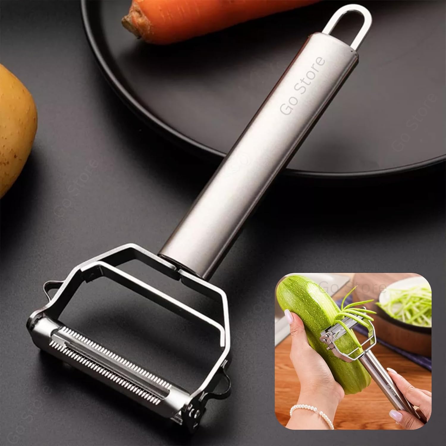 GO STORE 2-in-1 Stainless Steel Julienne Vegetable Peeler – Dual Blade Fruit & Vegetable Peeler & Shredder