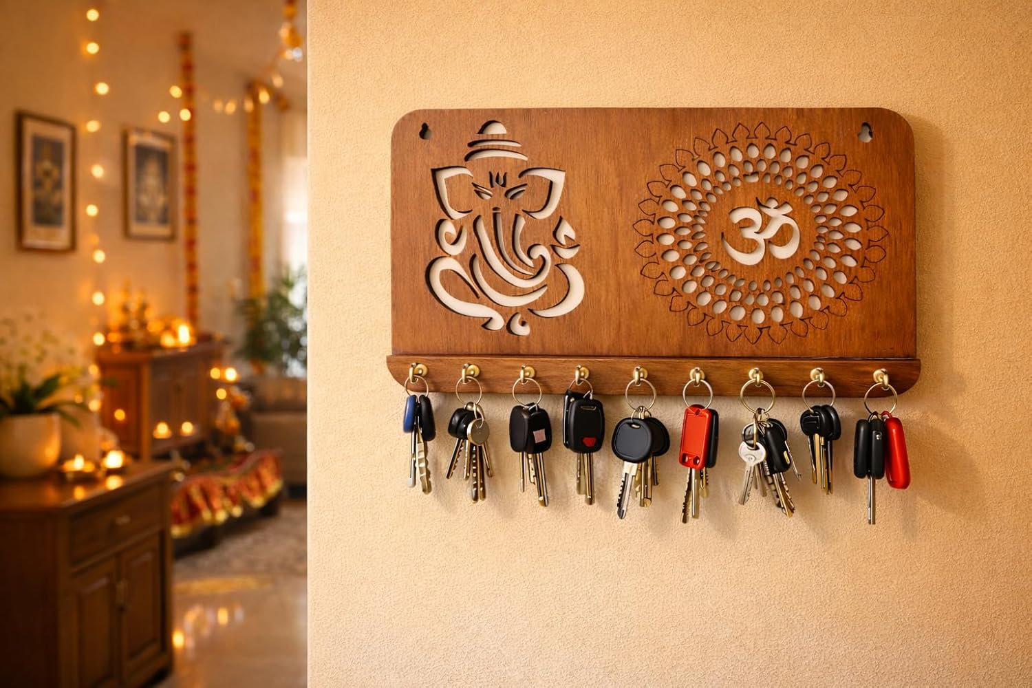 Ganesha Om Chakra Wooden Key Holder – Wall Mounted Decorative Key Organizer with 9 Hooks