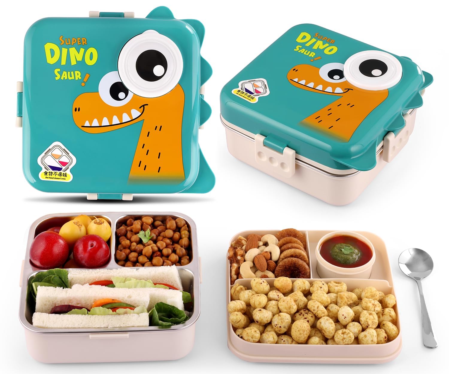 MEDALLIX 3-Compartment Stainless Steel Lunch Box – Leak-Proof BPA-Free Bento Box with Spoon & Sauce Container