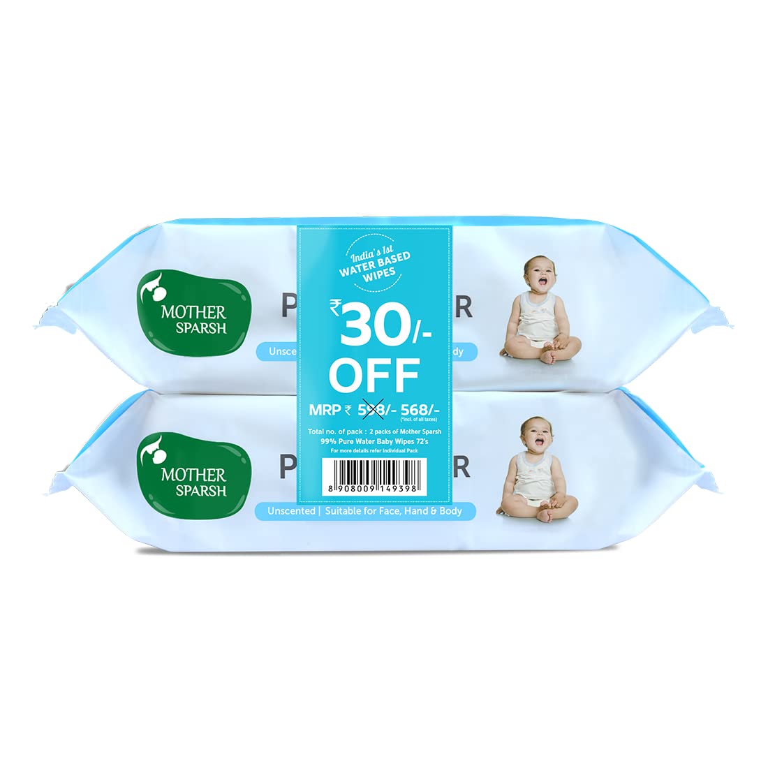 Mother Sparsh 99% Pure Water Baby Wipes – Thick Unscented Plant-Based Wet Wipes with Lid (Pack of 2)