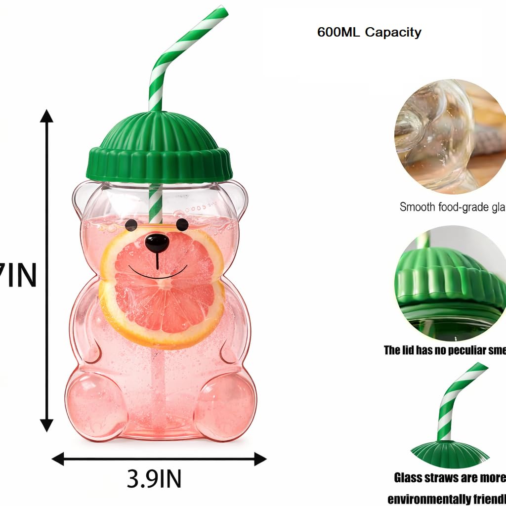 Cute Bear Glass Straw Cup 600ML – Viral Glass Tumbler with Reusable Straw for Iced Coffee, Smoothies & Boba