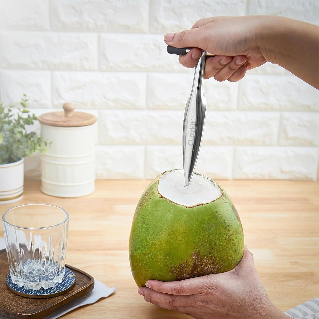 Clazkit Stainless Steel Coconut Opener Tool – Safe & Easy Green Coconut Water Opener with Rubber Grip
