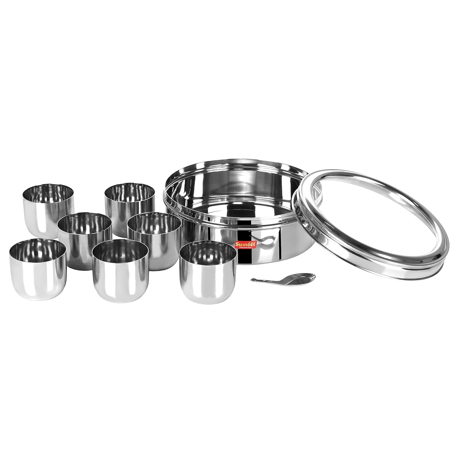 Sumeet Stainless Steel Masala Box with Transparent Lid – Spice Organizer with 7 Containers & Spoon (2L)