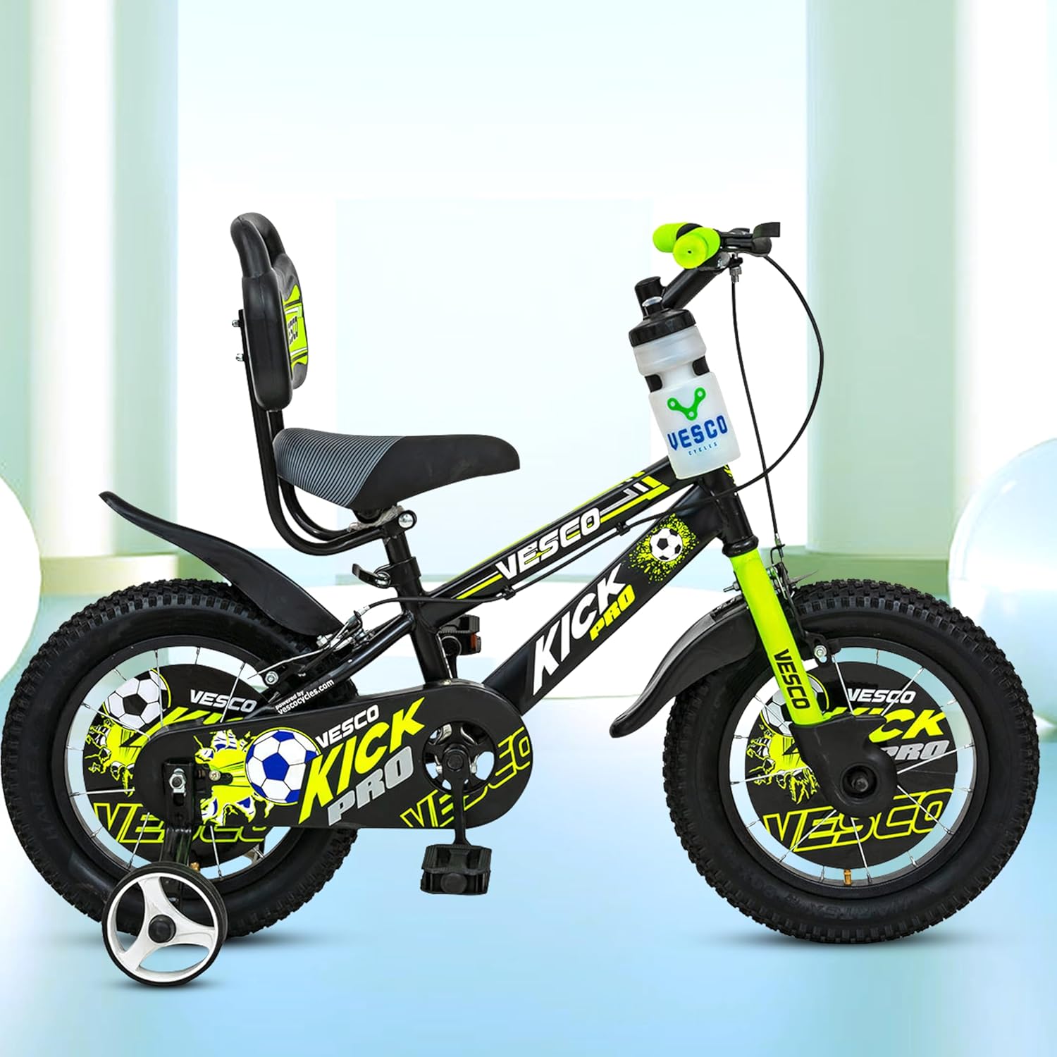 VESCO Kick Pro 14T Kids Cycle – Bicycle with Balance Wheels, Back Rest Seat & Water Bottle for Boys & Girls (3–5 Years)