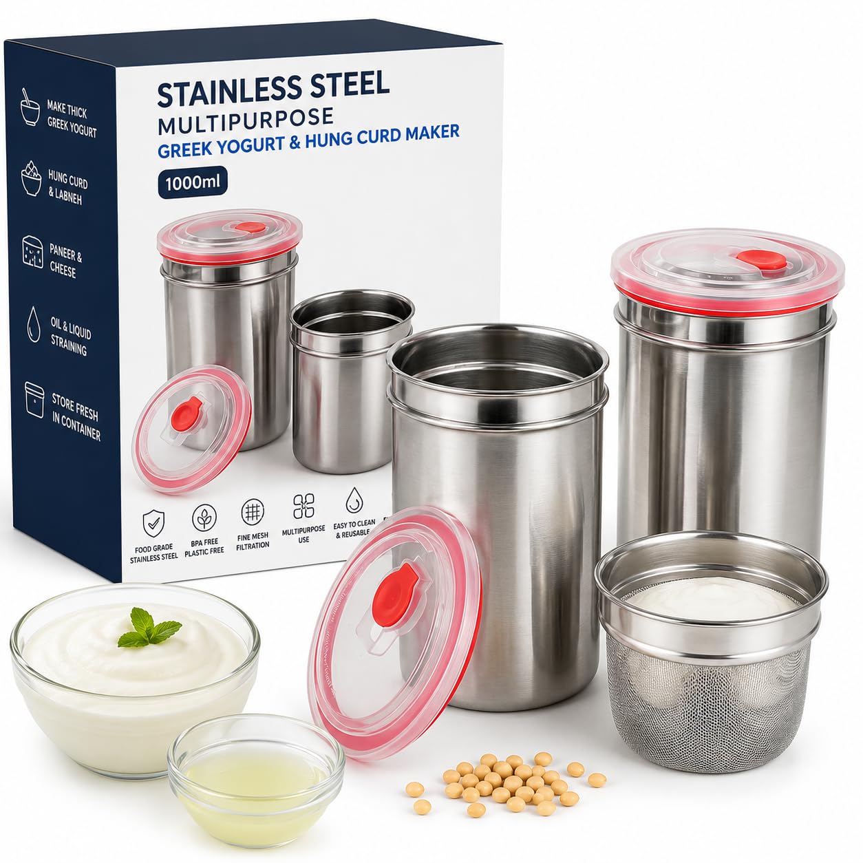 Walfos Stainless Steel Greek Yogurt & Hung Curd Maker 1000ml