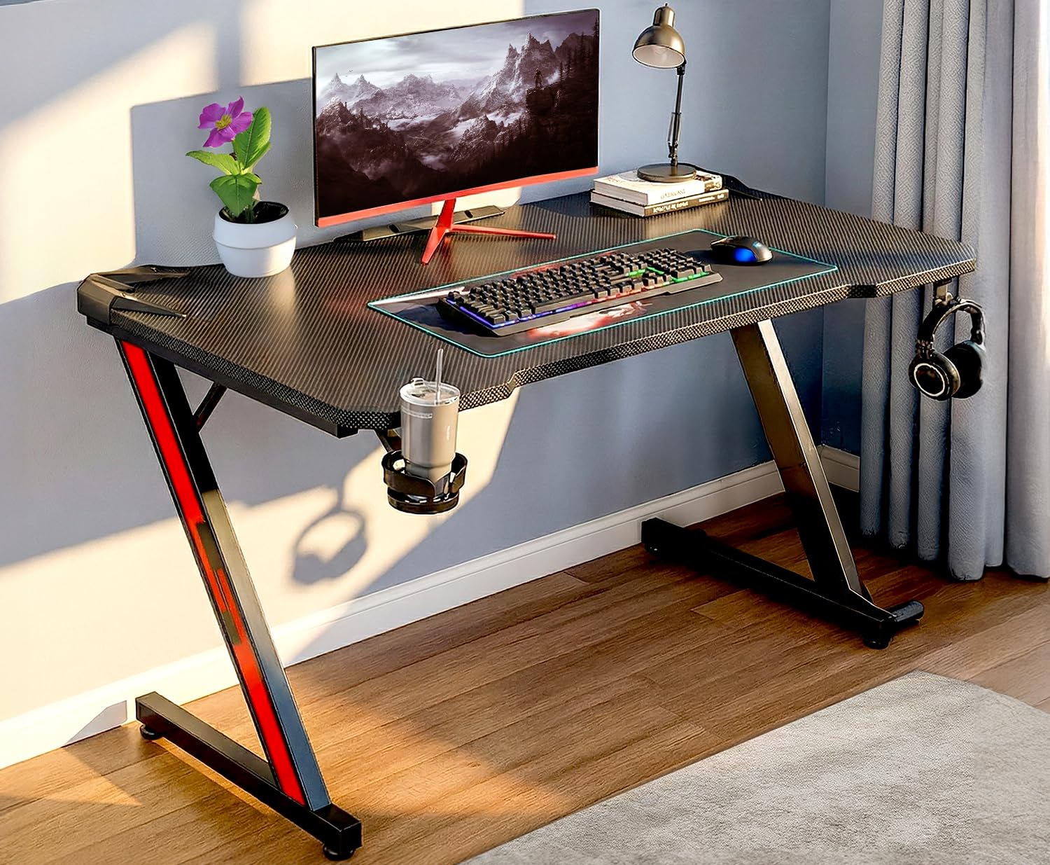 White Mulberry Gaming Desk 110×60cm – Z Shaped Computer Table with Carbon Fiber Surface