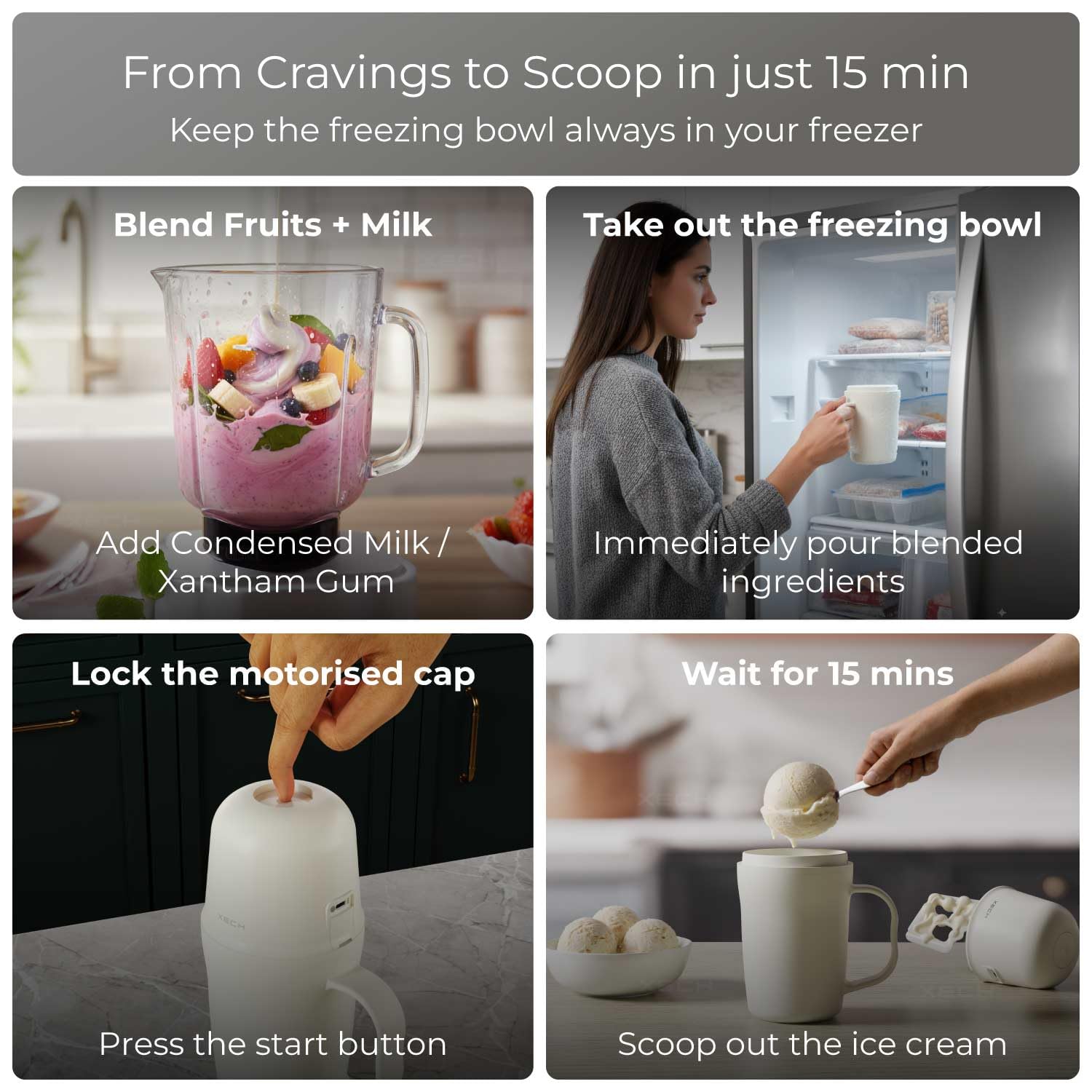 XECH Ice Cream Maker Machine – Cordless Rechargeable Softy Ice Cream Maker, 400ml DIY Dessert Maker for Home