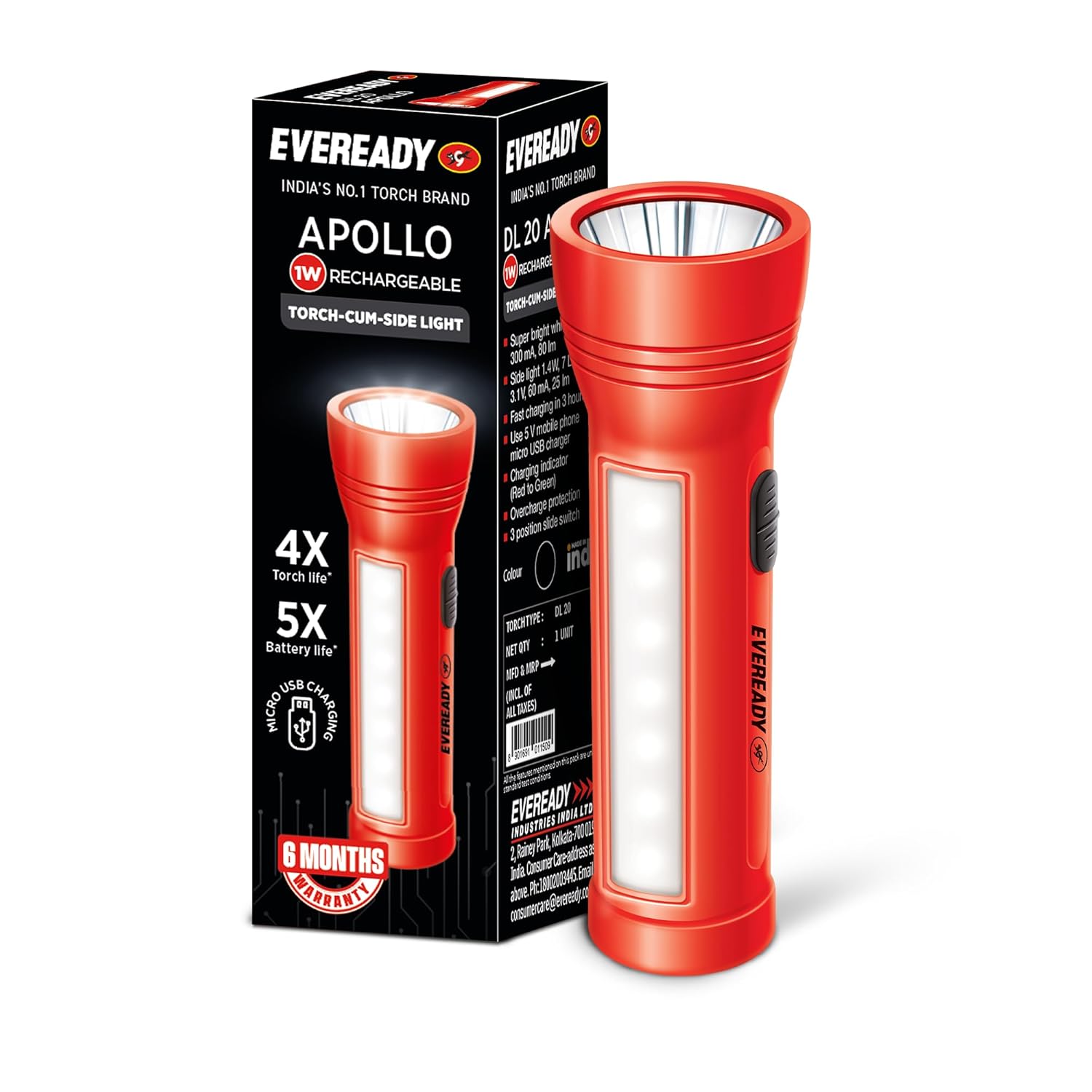 Eveready Apollo DL20 Rechargeable LED Torch with Emergency Sidelight – Fast USB Charging & Li-Ion Battery