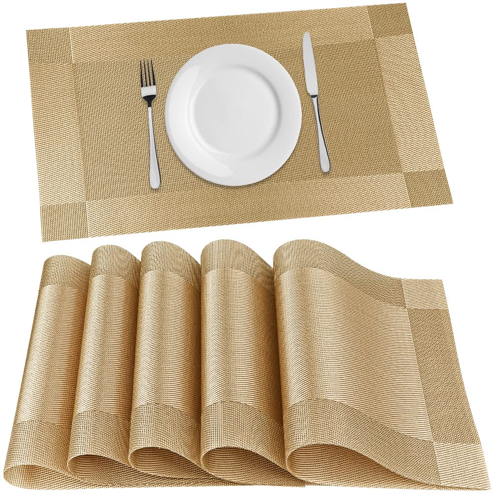 P-Plus PVC Dining Table Placemats Set of 6 – Heat Resistant Washable Anti-Skid Table Mats (Gold)