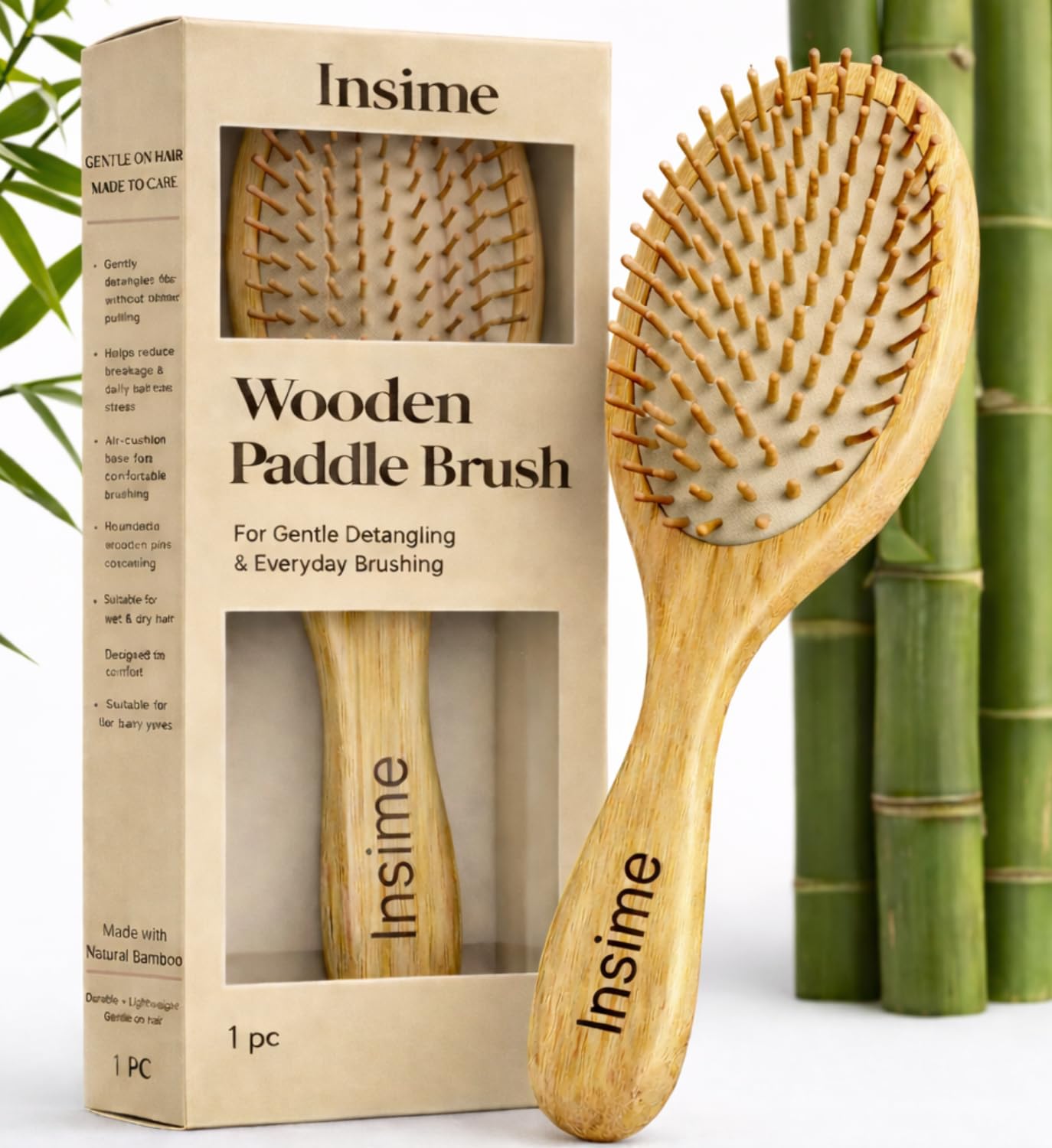 INSIME Bamboo Wooden Hair Brush – Eco-Friendly Paddle Hair Brush for Men & Women